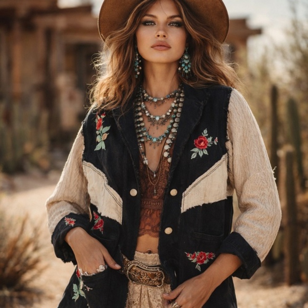 POL Embroidered Rose Boho Jacket | Raw Edge Western Shacket | Small